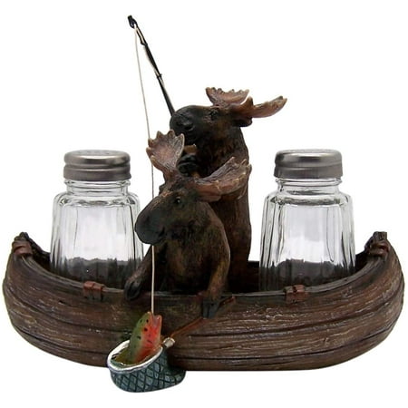 6 1/2 Inch Two Fishing Moose in Canoe Salt and Pepper Shaker Holder Shakers Included